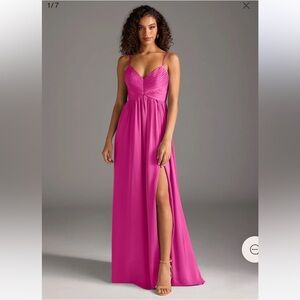 Azazie Alia Fuchsia A-Line Pleated Stretch Satin Dress